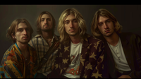 Trois membres du groupe Nirvana posent ensemble avec leurs instruments dans un décor vintage.