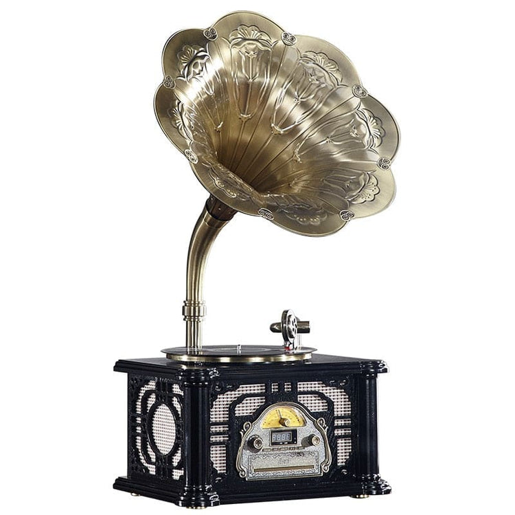 Gramophone Décoratif Fonctionnel En Laiton Et Bois, Style Vintage - 62 Cm